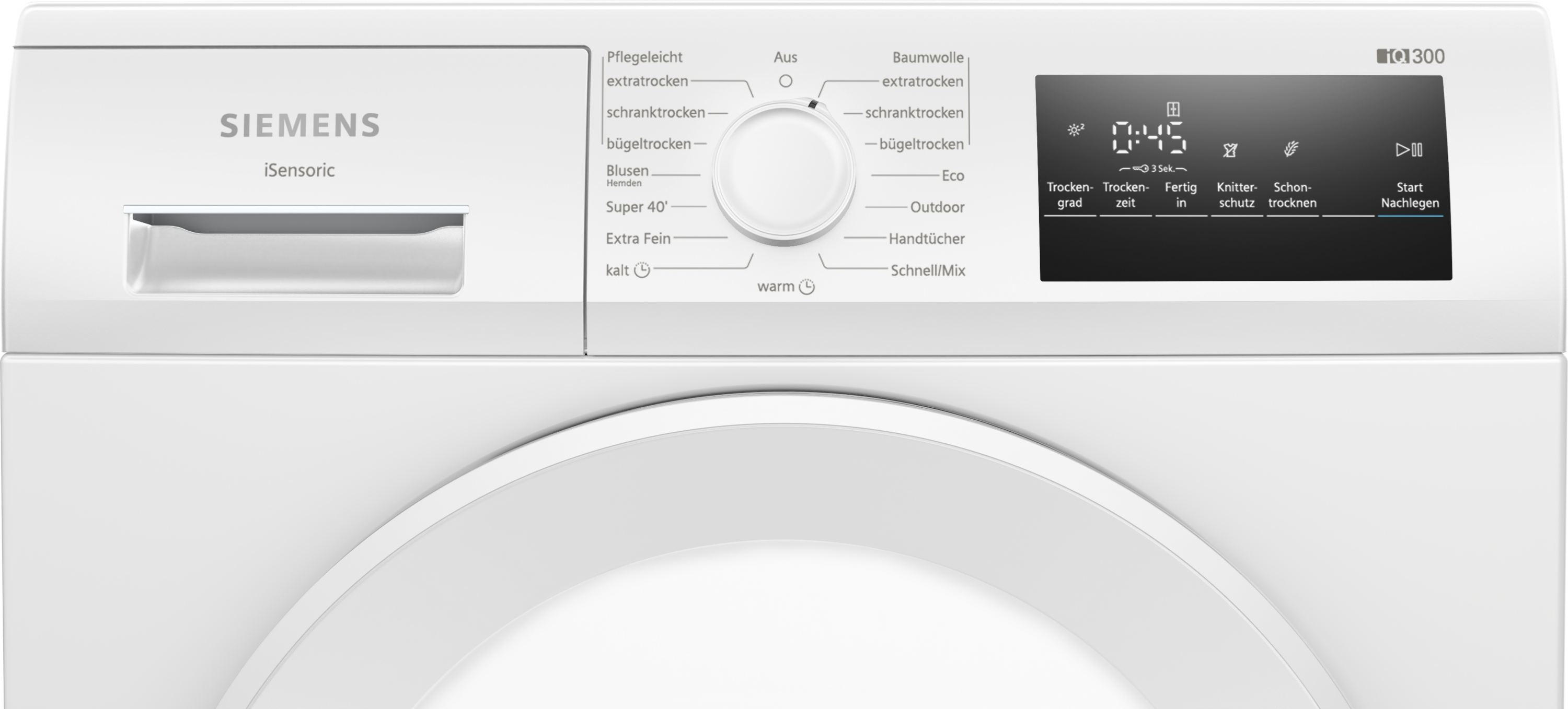 Siemens iQ300 Trocknerbedienfeld mit Drehknopf und digitalem Display.