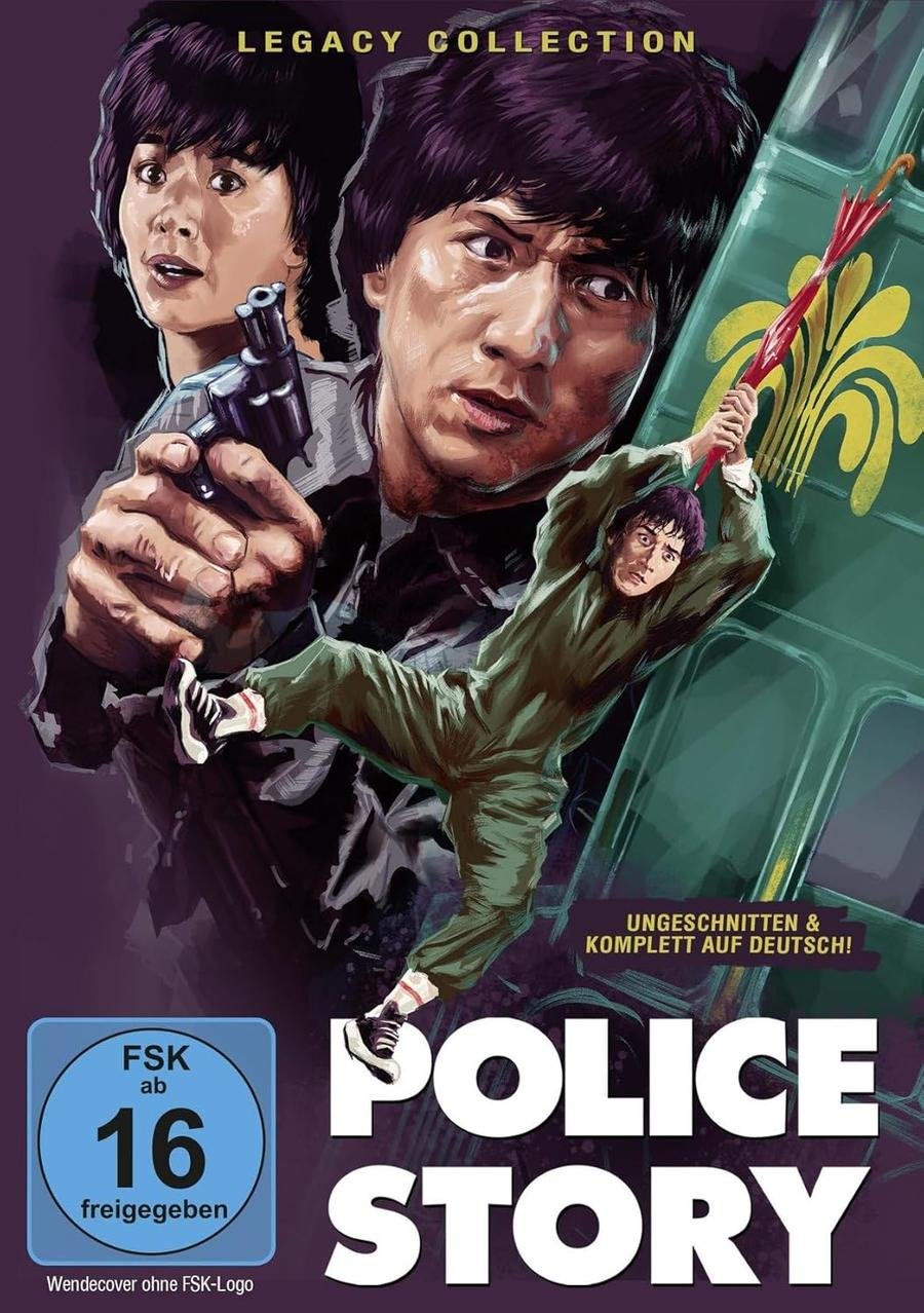 DVD-Cover: Jackie Chan in Police Story, mit zwei Bildern von ihm und dem Filmtitel.