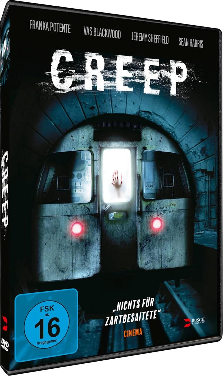 DVD-Cover für den Film Creep, der eine Hand zeigt, die aus einem Zug greift.
