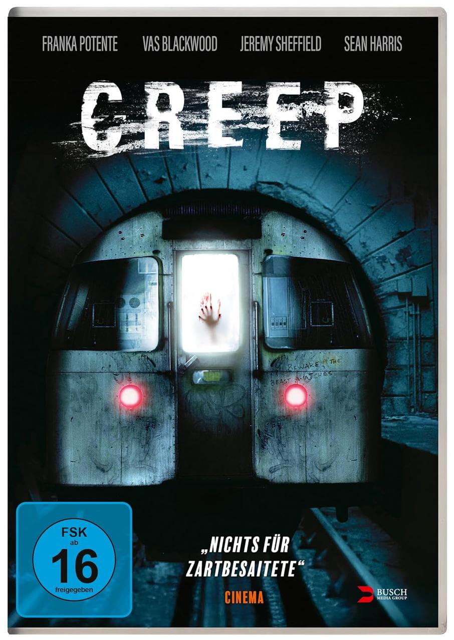 DVD-Cover für 'Creep' mit einer Hand, die aus einem Zug greift. Der Titel in großen weißen Buchstaben.