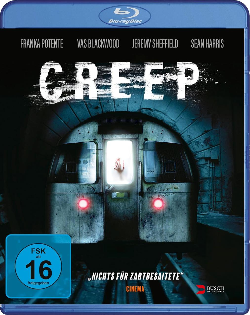 Blu-ray-Disc-Cover für den Film 'Creep'. Eine Hand an einer Zugtür. Der Filmtitel ist in Weiß.