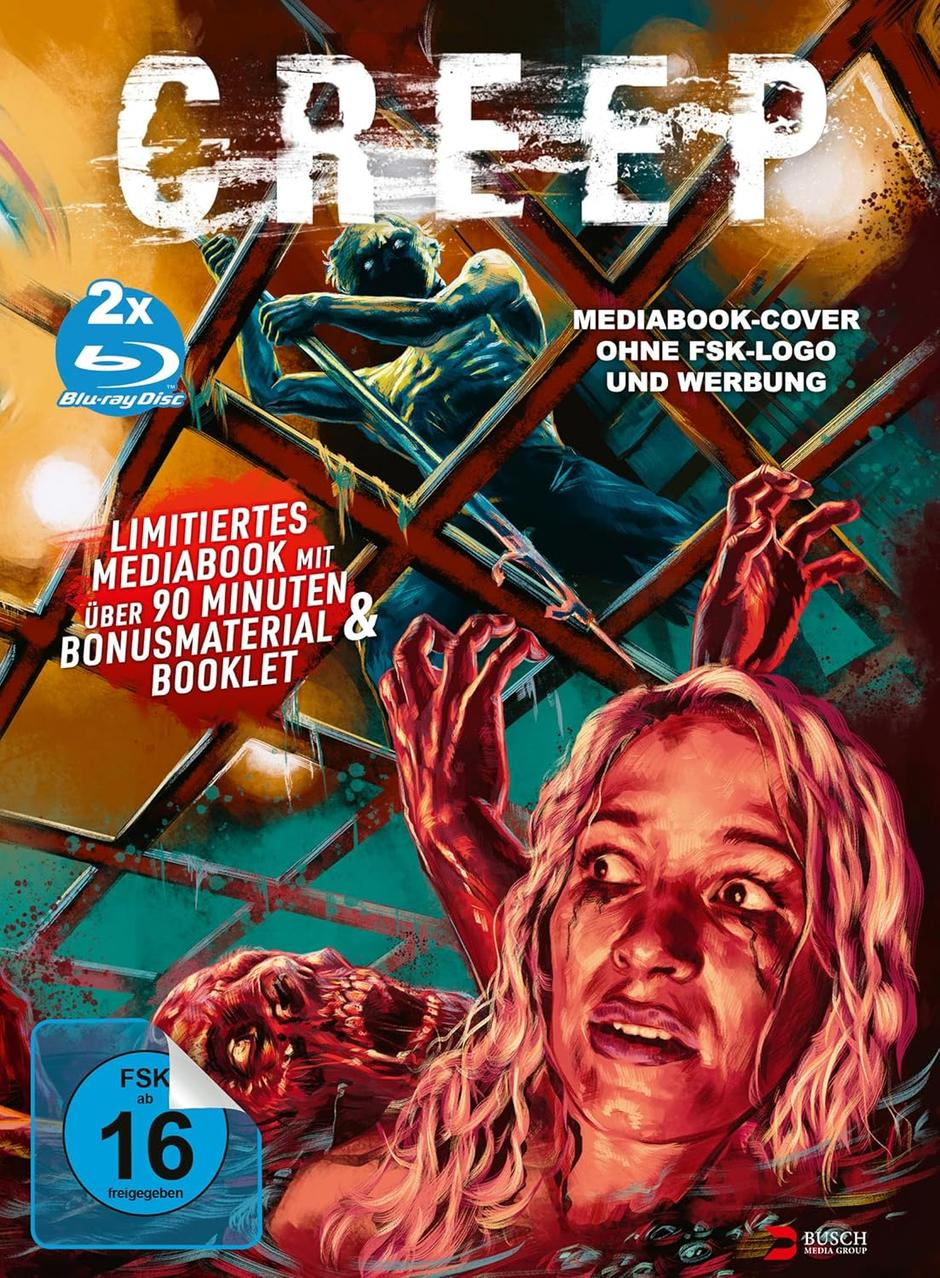 Filmposter. Eine Frau schreit, Hände greifen. Figur hinter Gittern, Text 'CREEP'.