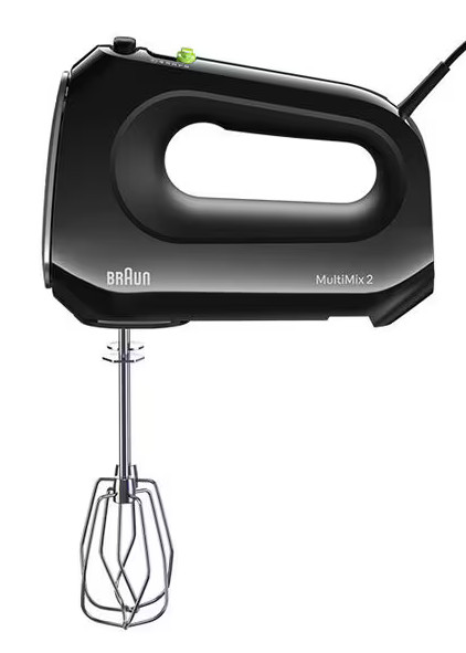 Czarny mikser ręczny z nasadkami, z zieloną lampką kontrolną zasilania na górze.