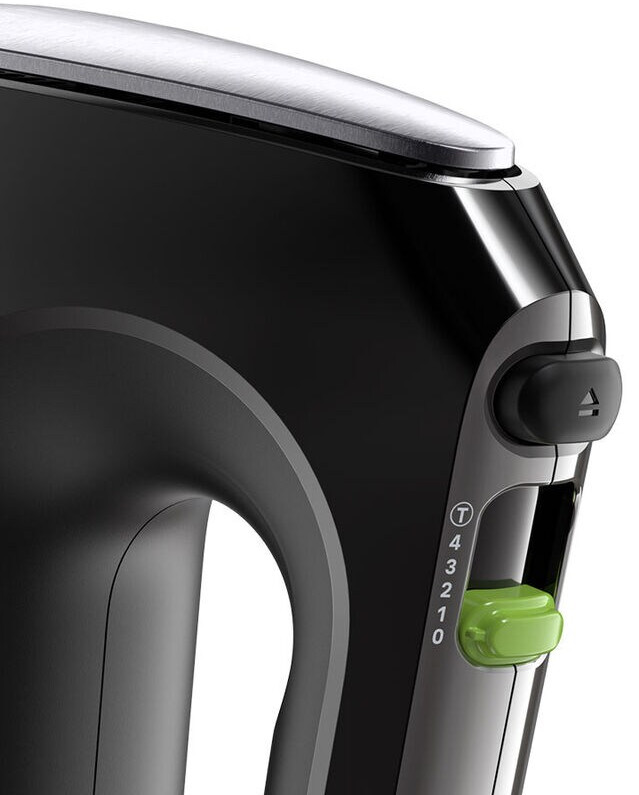 Zbliżenie czarnego miksera ręcznego z zielonym pokrętłem regulacji prędkości.