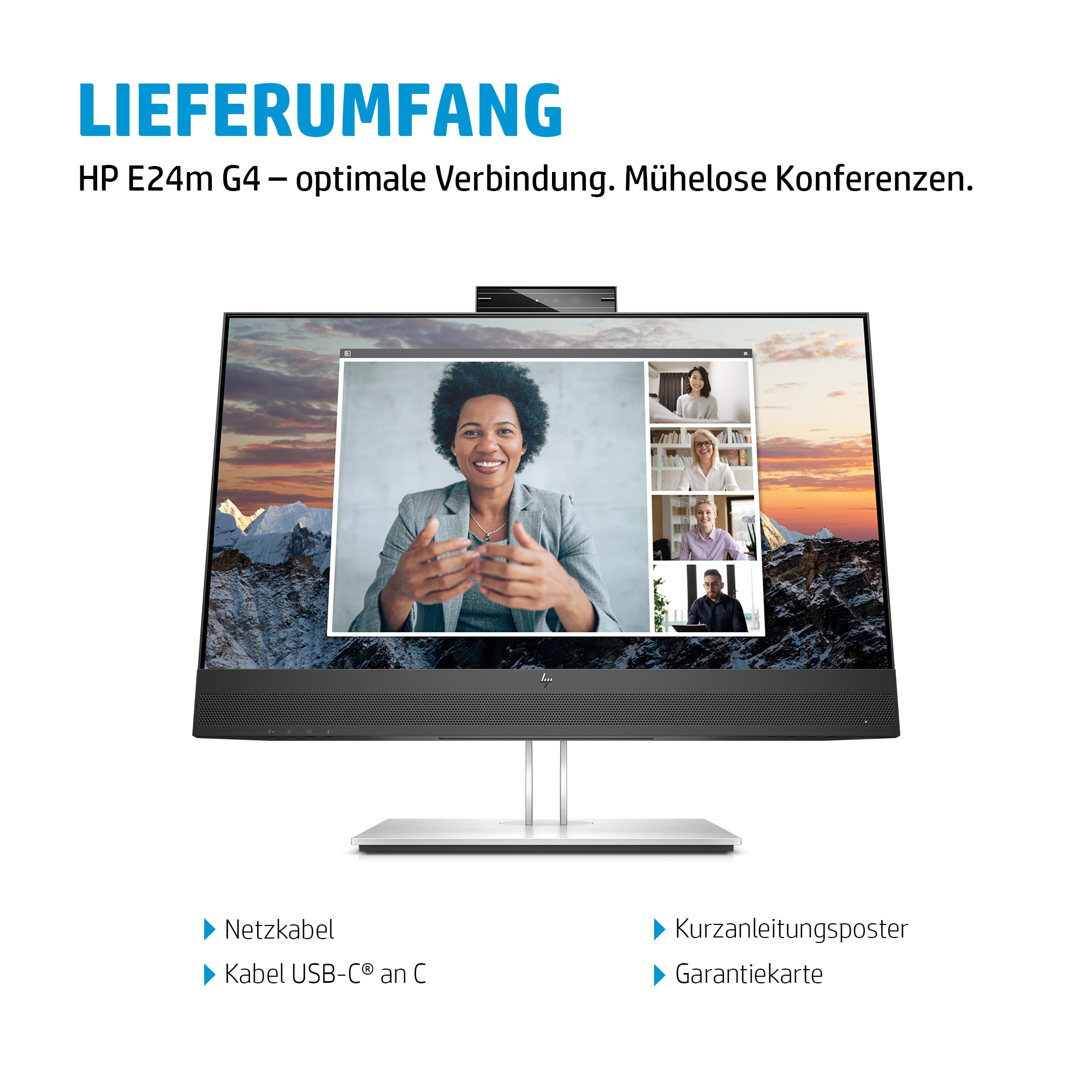 Monitor mit Webcam, zeigt eine Videokonferenz.
