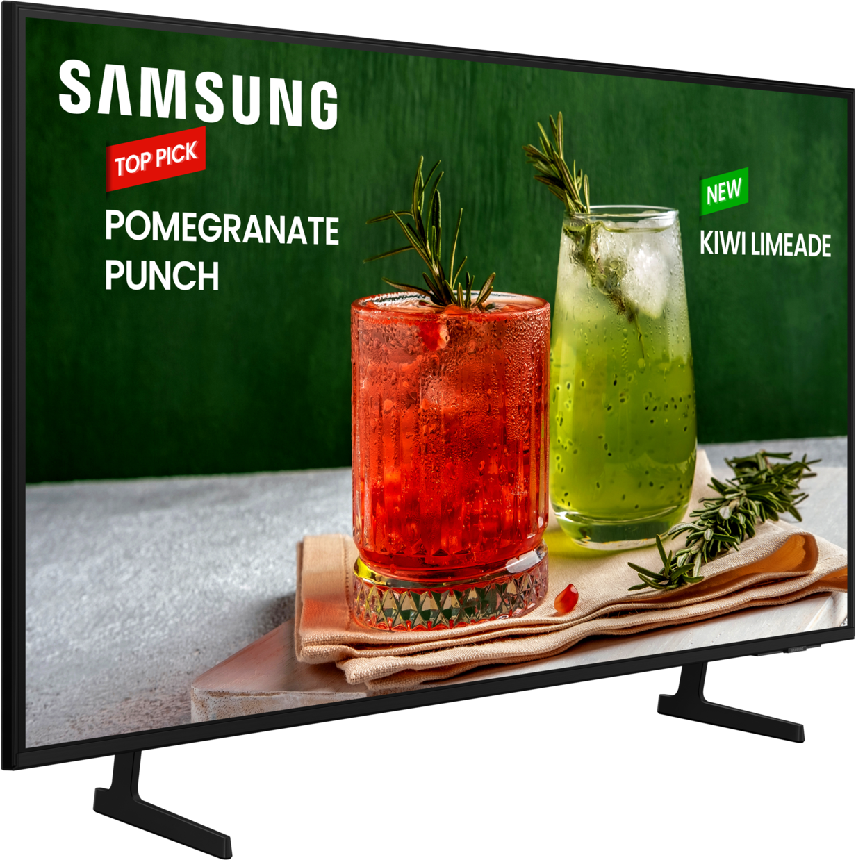 Ein Fernsehbildschirm mit zwei Cocktails und Text. Der Fernseher hat schwarze Ständer.