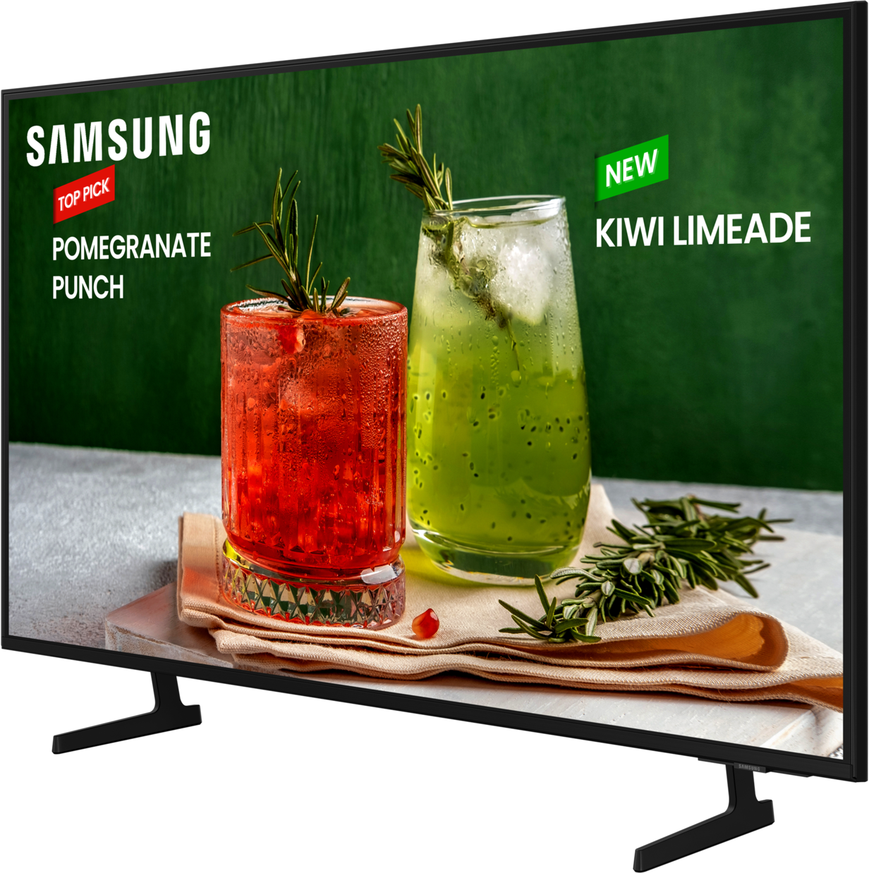 Ein Samsung TV zeigt zwei Cocktails mit Text auf grünem und weißem Hintergrund.