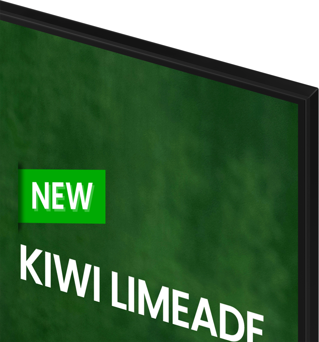 Ein grüner Hintergrund mit dem Wort 'NEW' in einem grünen Rechteck und den Worten 'KIWI LIMEADE'.