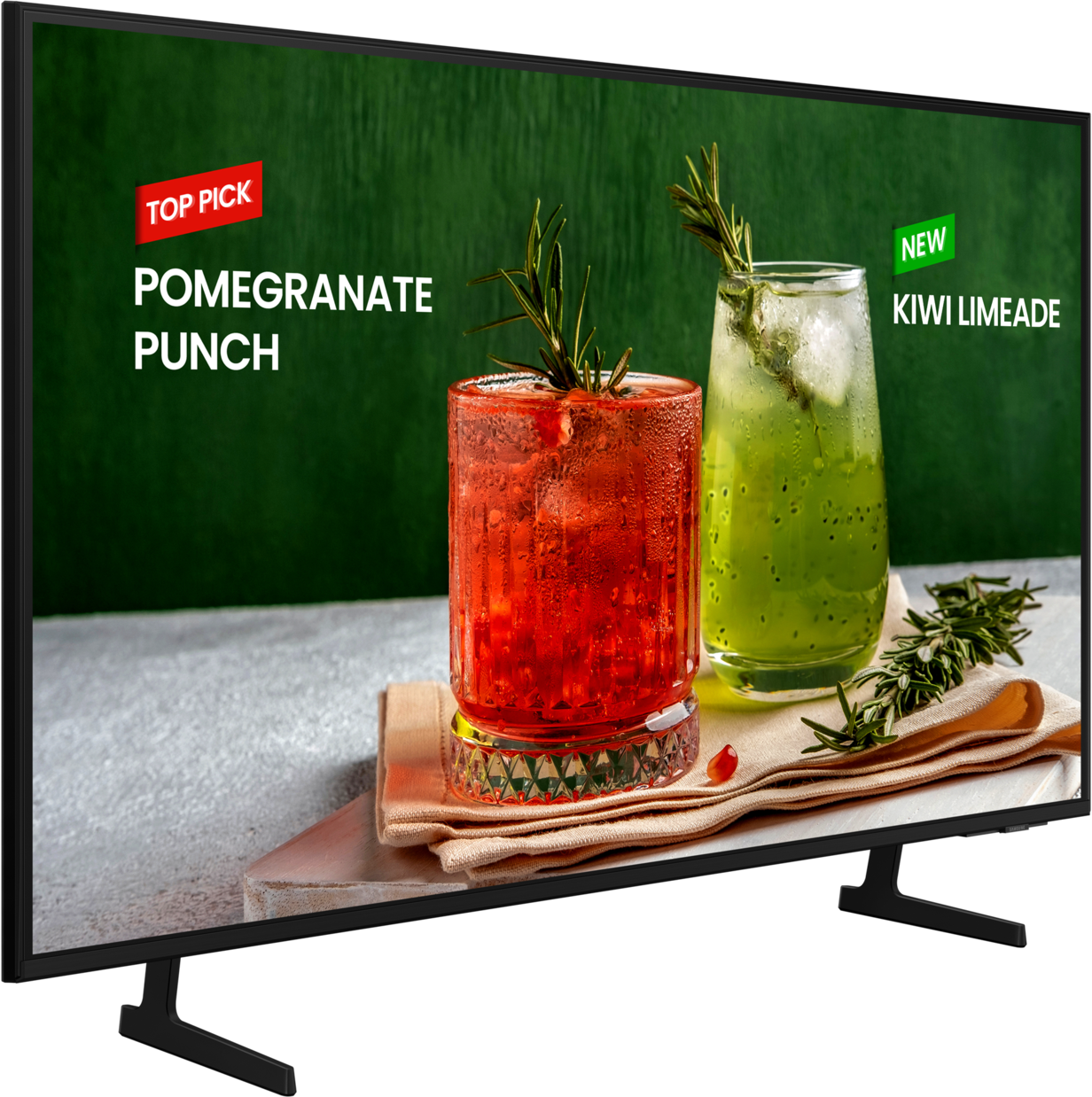 TV-Bildschirm mit rotem Granatapfel-Punsch und grünem Kiwi-Limetten-Getränk. Grüner Hintergrund.