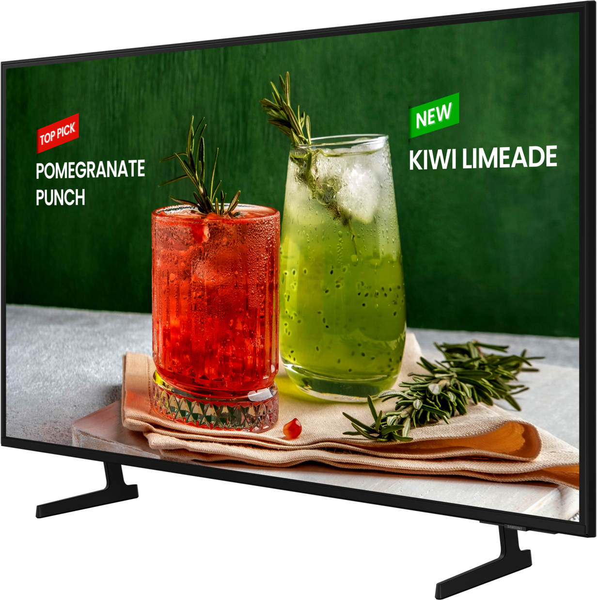 Ein Fernsehbildschirm mit zwei Cocktails: Granatapfel-Punsch und Kiwi-Limonade.