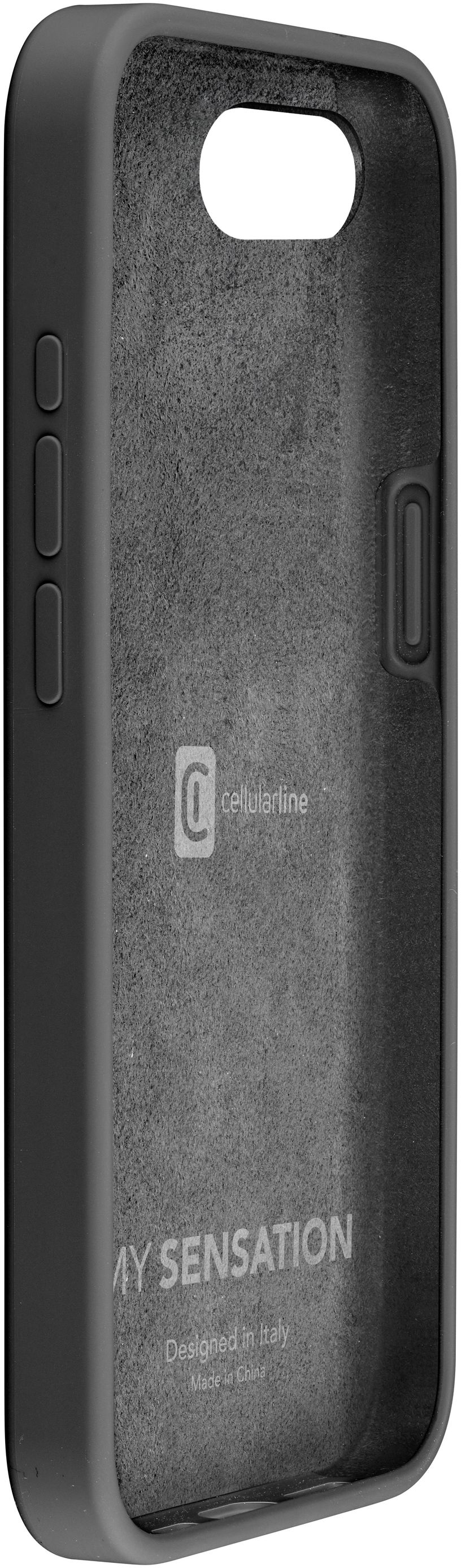 Coque de téléphone noire avec intérieur gris. La marque 'MY SENSATION' est visible.