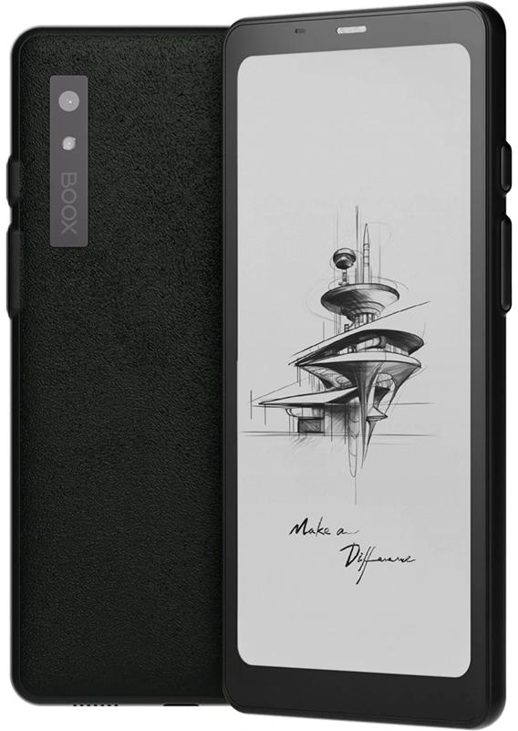 Smartphone noir avec dos texturé et écran montrant une esquisse architecturale futuriste.