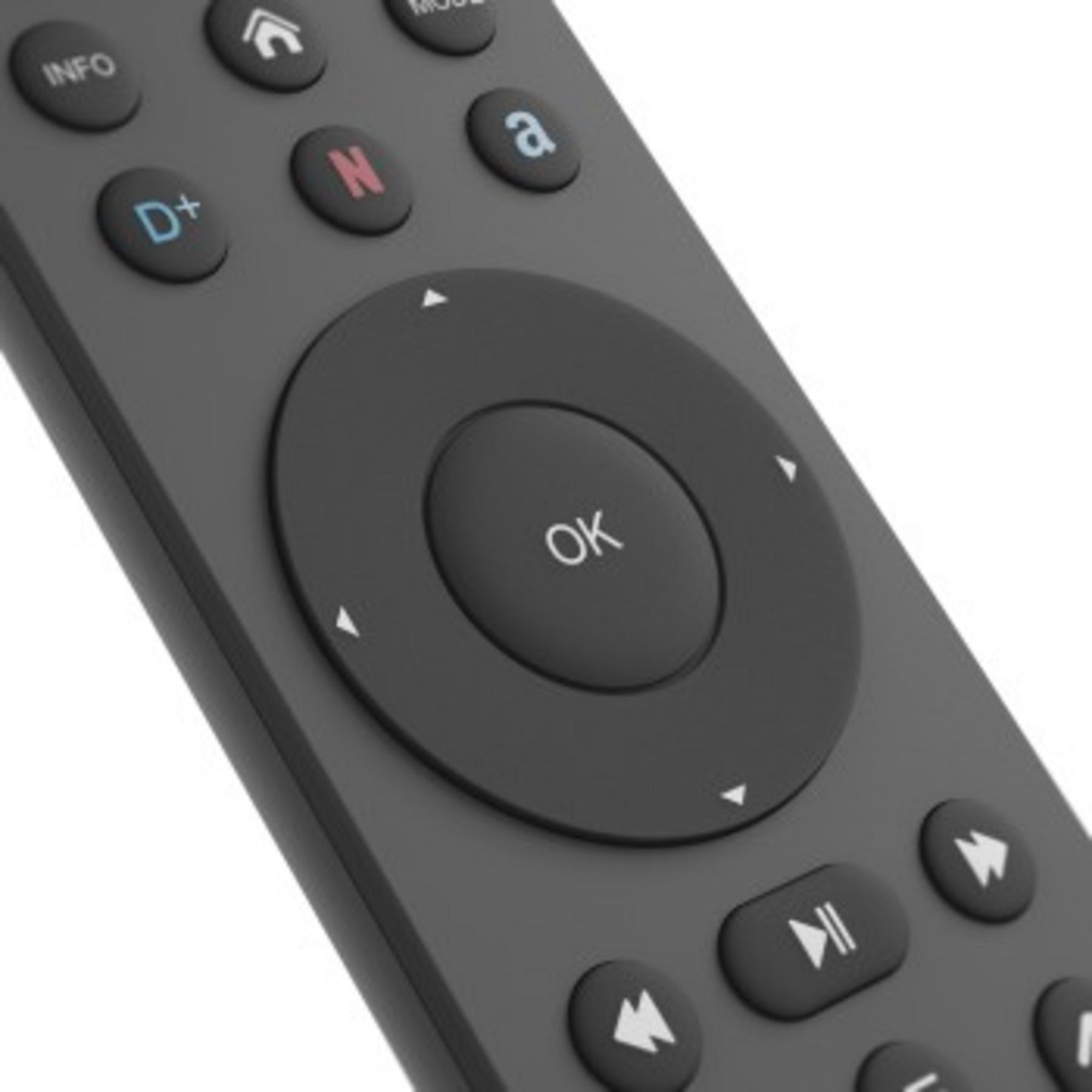 Zbliżenie czarnego pilota z okrągłymi przyciskami nawigacyjnymi i innymi przyciskami sterowania.