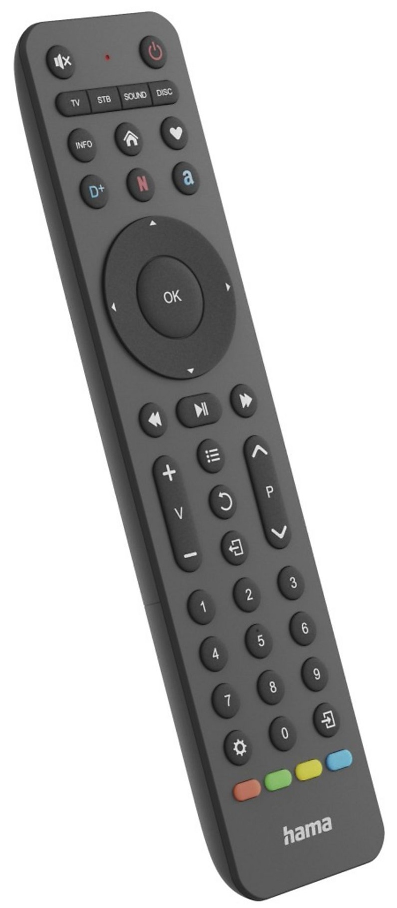 Ciemnoszary pilot z wieloma przyciskami, w tym numerami i elementami sterowania nawigacją.