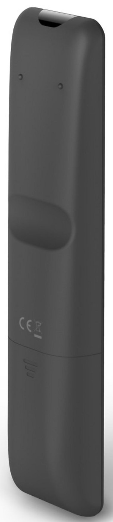 Ciemnoszary pilot. Posiada zakrzywiony kształt, z układem przycisków i małym logo na dole.