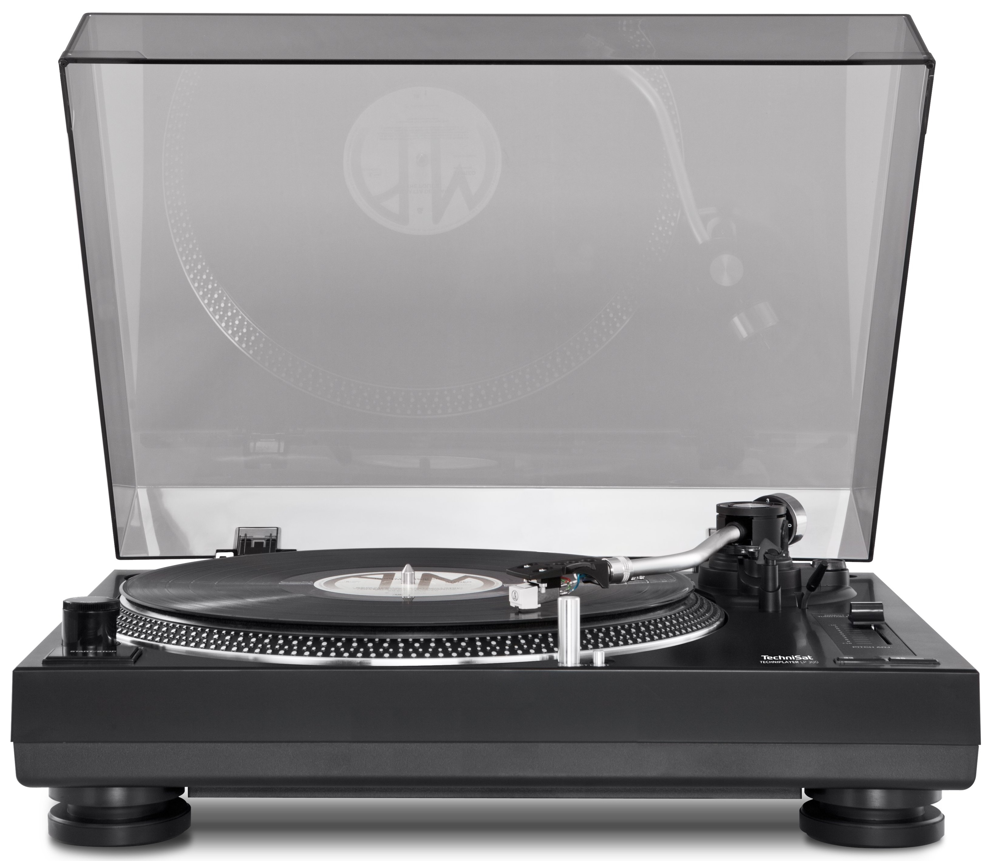 Gramofon z płytą, przezroczystą osłoną i marką Technisat.