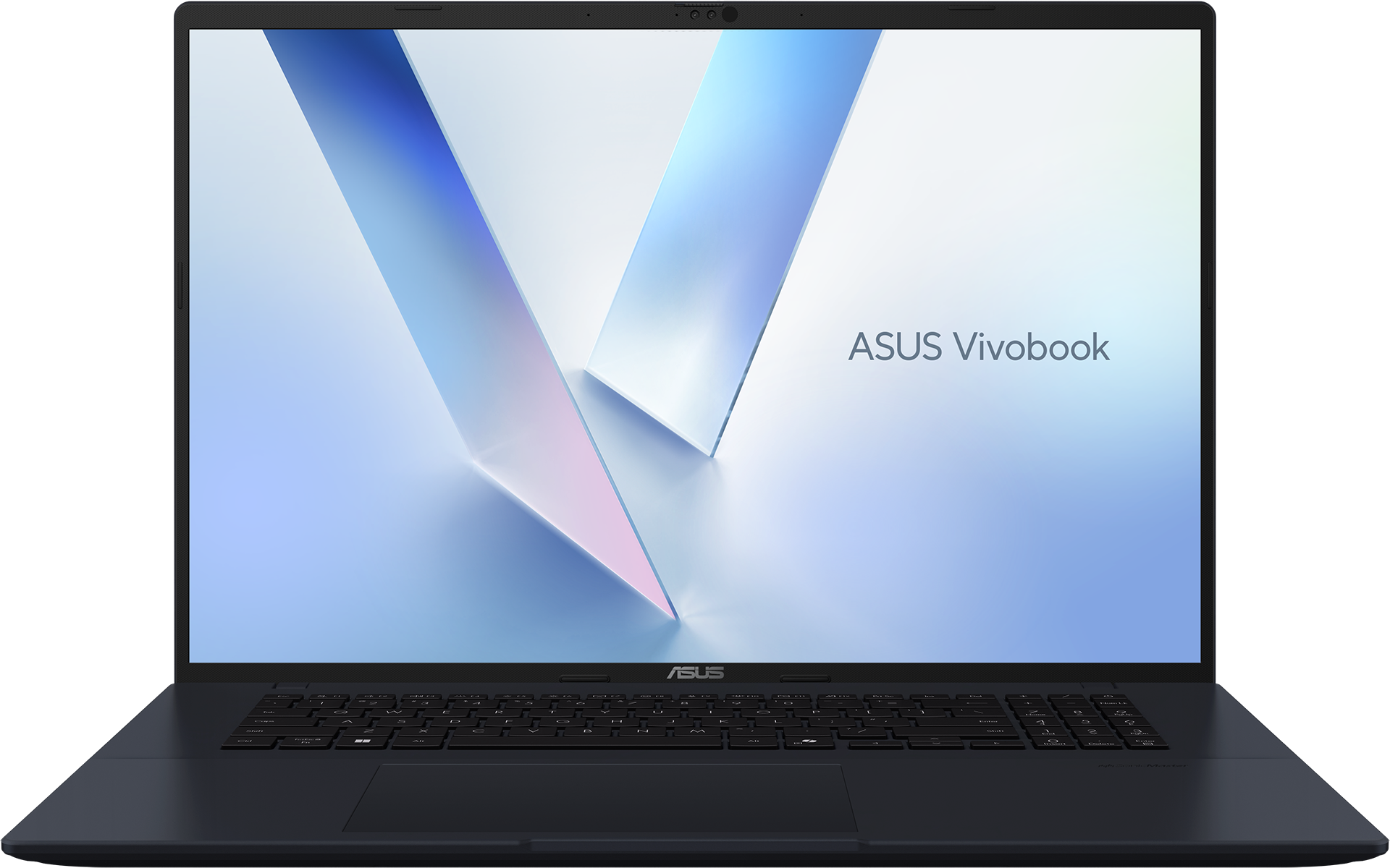 ASUS Vivobook Laptop auf schwarzem Hintergrund. Der Bildschirm zeigt ein blaues und weißes abstraktes Bild.