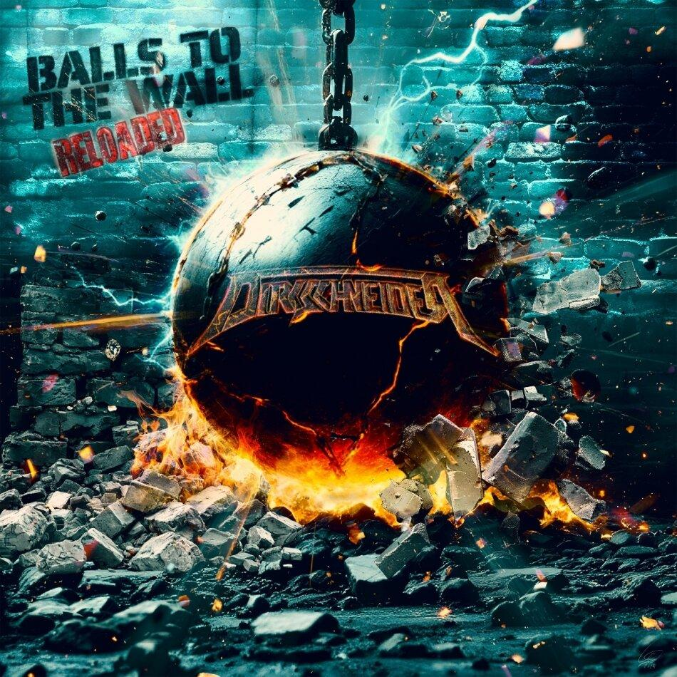Albumcover mit Abrissbirne, die eine Backsteinmauer zerstört. Text sagt Balls to the Wall.