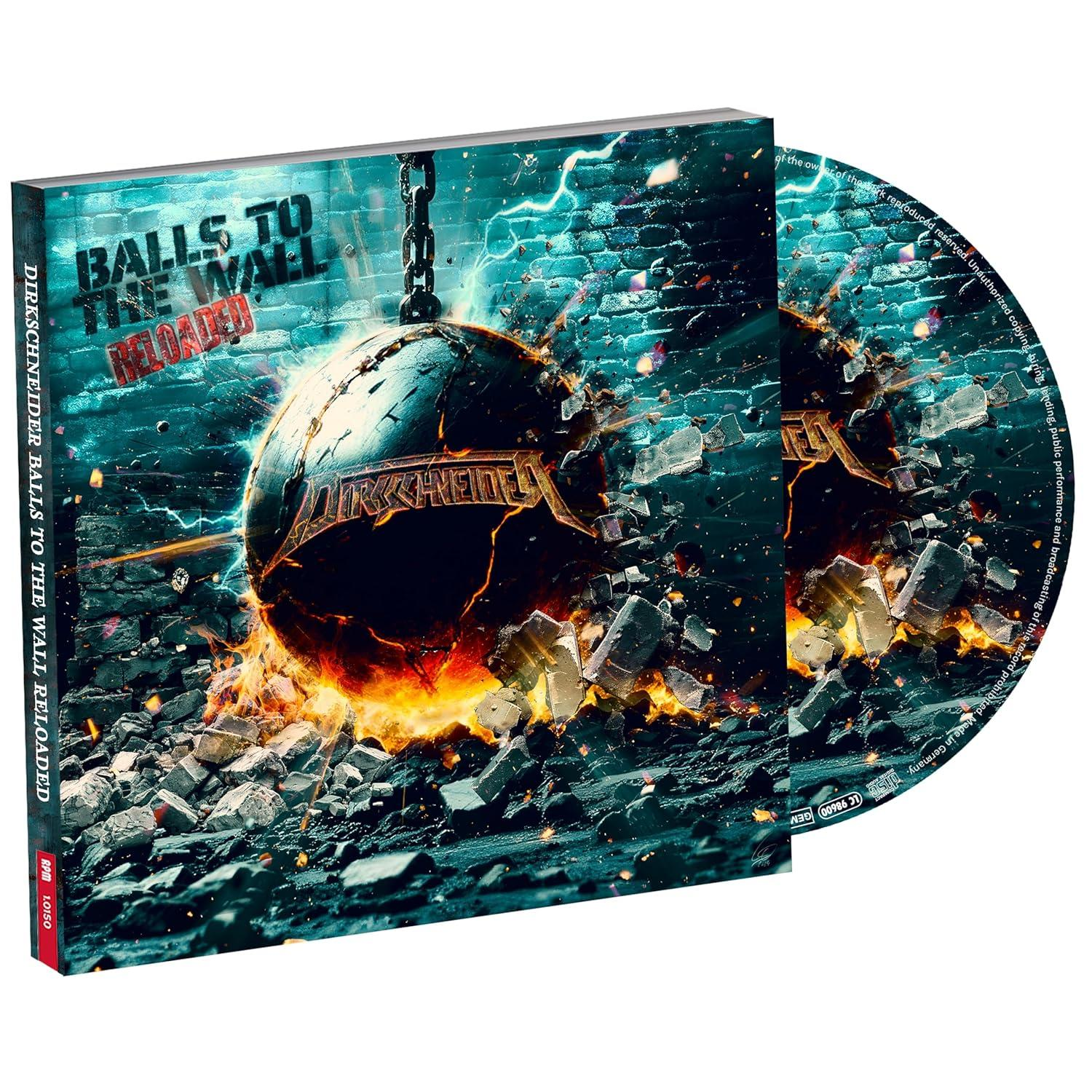 Ein CD-Etui mit einer Grafik eines zersplitterten Planeten, die CD ist ebenfalls sichtbar. Text lautet 'BALLS TO THE WALL'.