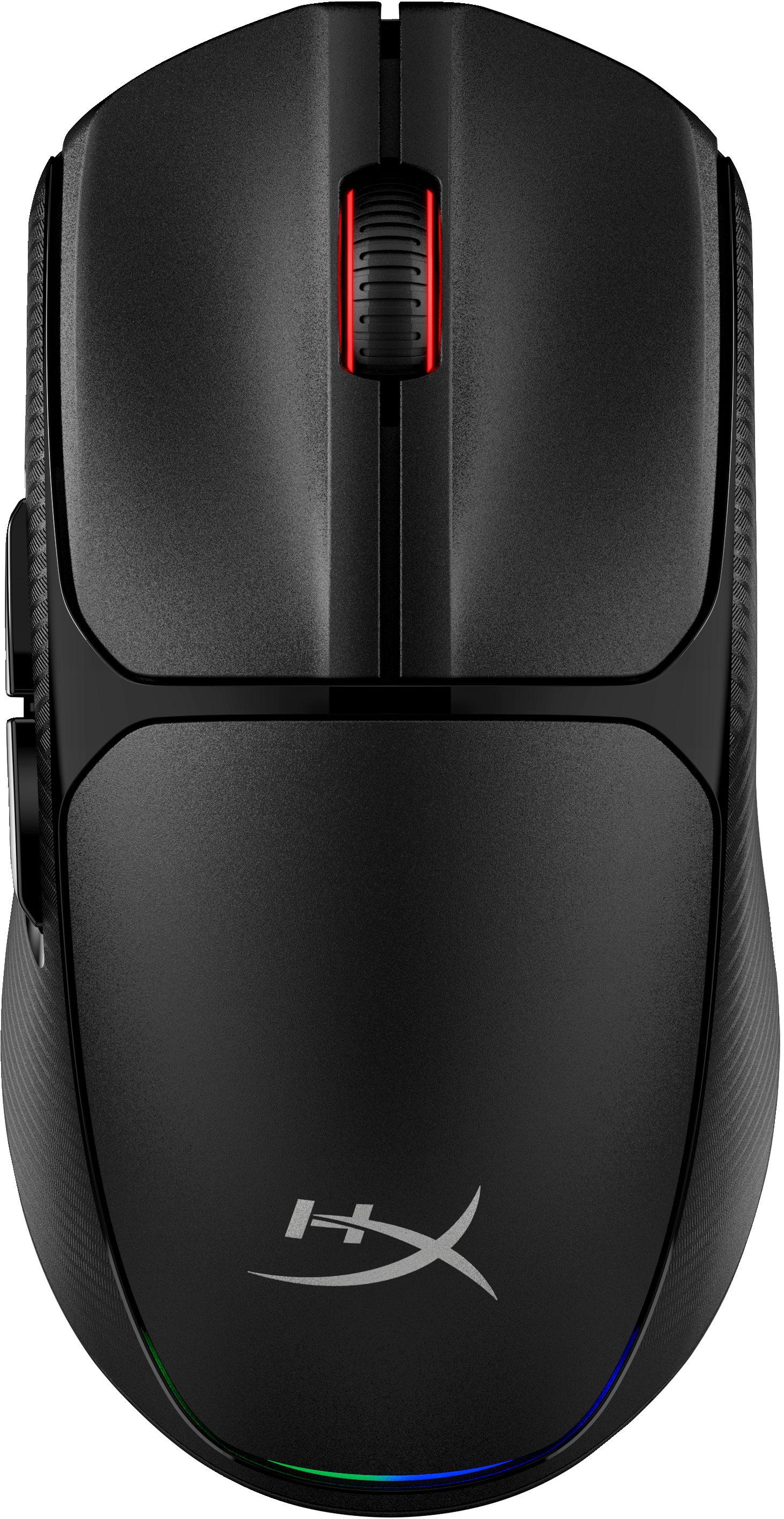 Schwarze Gaming-Maus, Draufsicht. HyperX-Logo, Scrollrad und Tasten sichtbar. RGB-Beleuchtung.