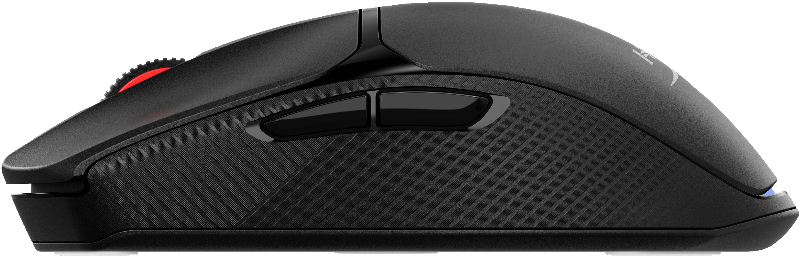Gaming-Maus, schwarz, mit Seitentasten und rotem Scrollrad.