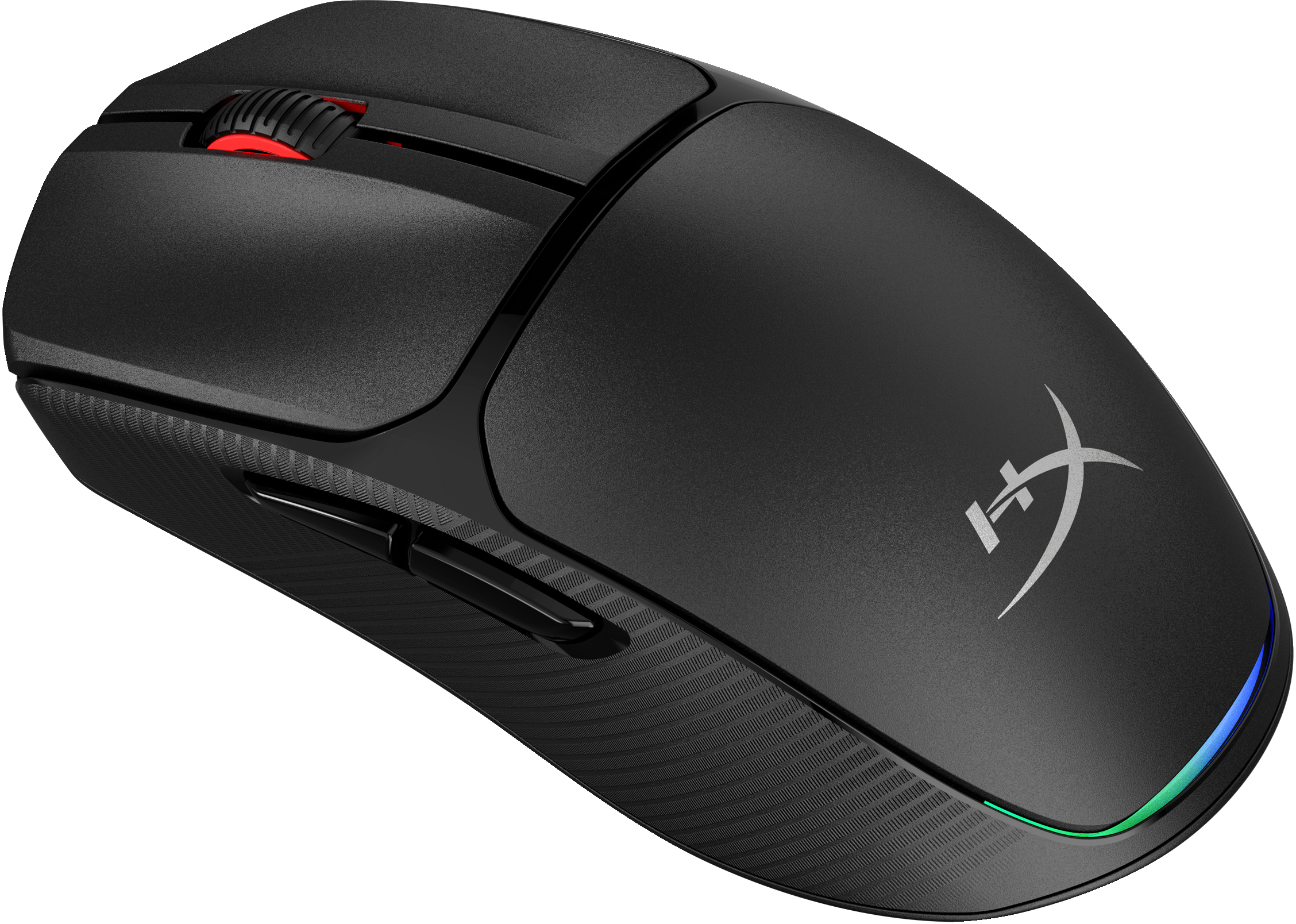 Eine schwarze kabellose Maus mit rotem Scrollrad und silbernem Logo. Sie hat ein ergonomisches Design und LED-Beleuchtung.