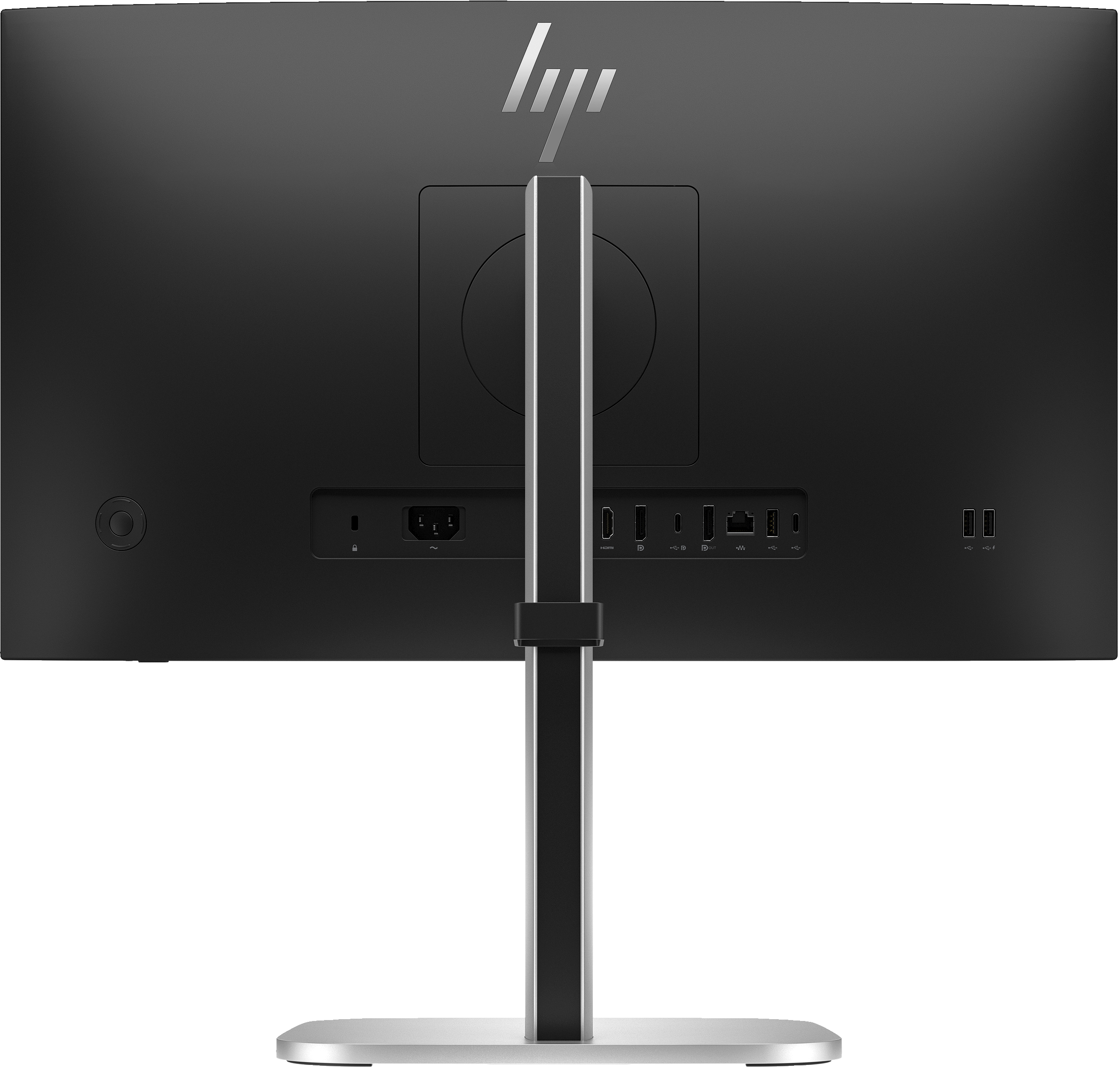 Rückseite eines schwarzen HP-Monitors. Anschlüsse, Stromeingang und Ständer sichtbar. HP-Logo oben.