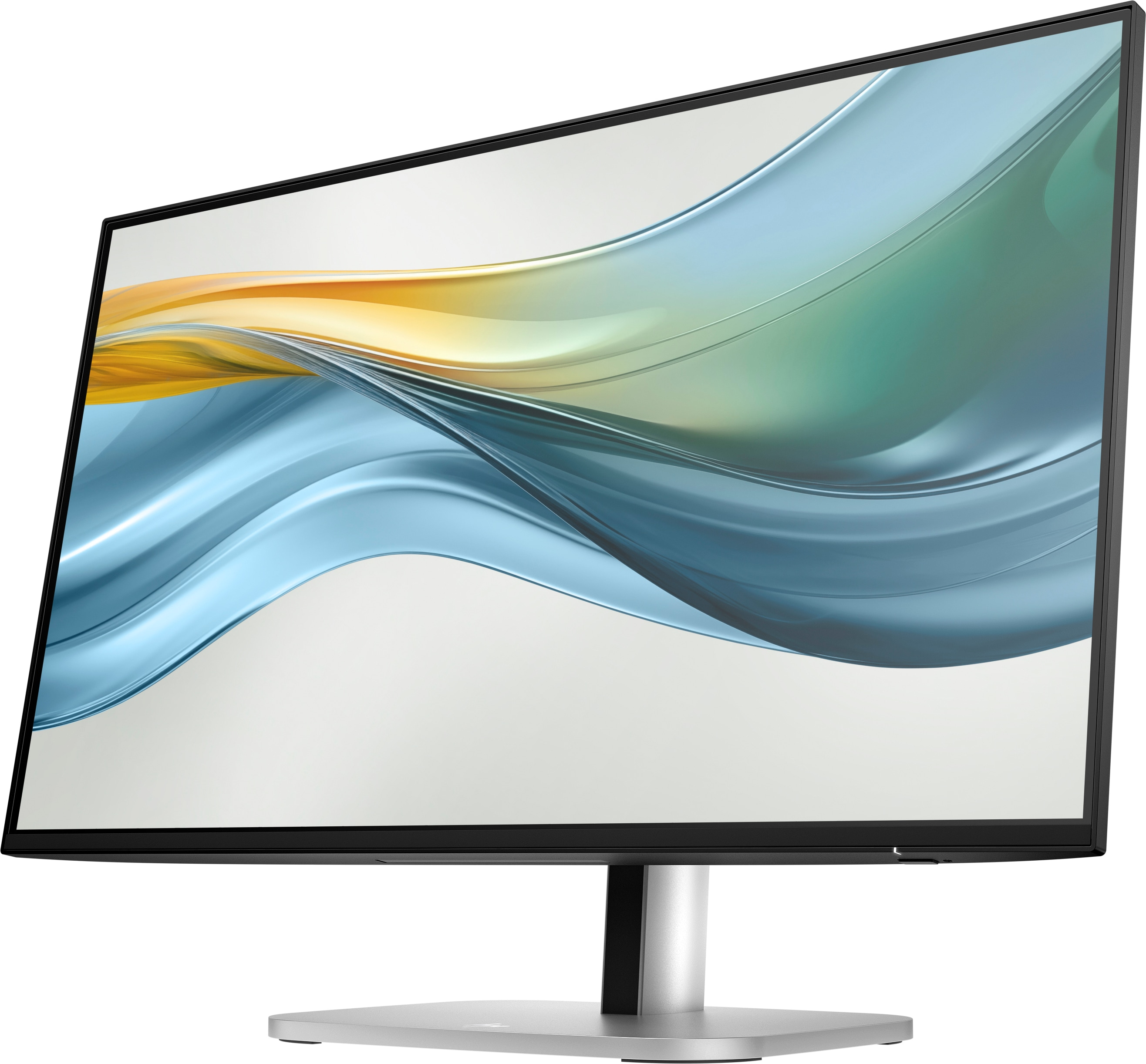 Monitor mit dünnem Rahmen, der ein wellenförmiges abstraktes Bild auf dem Bildschirm zeigt.