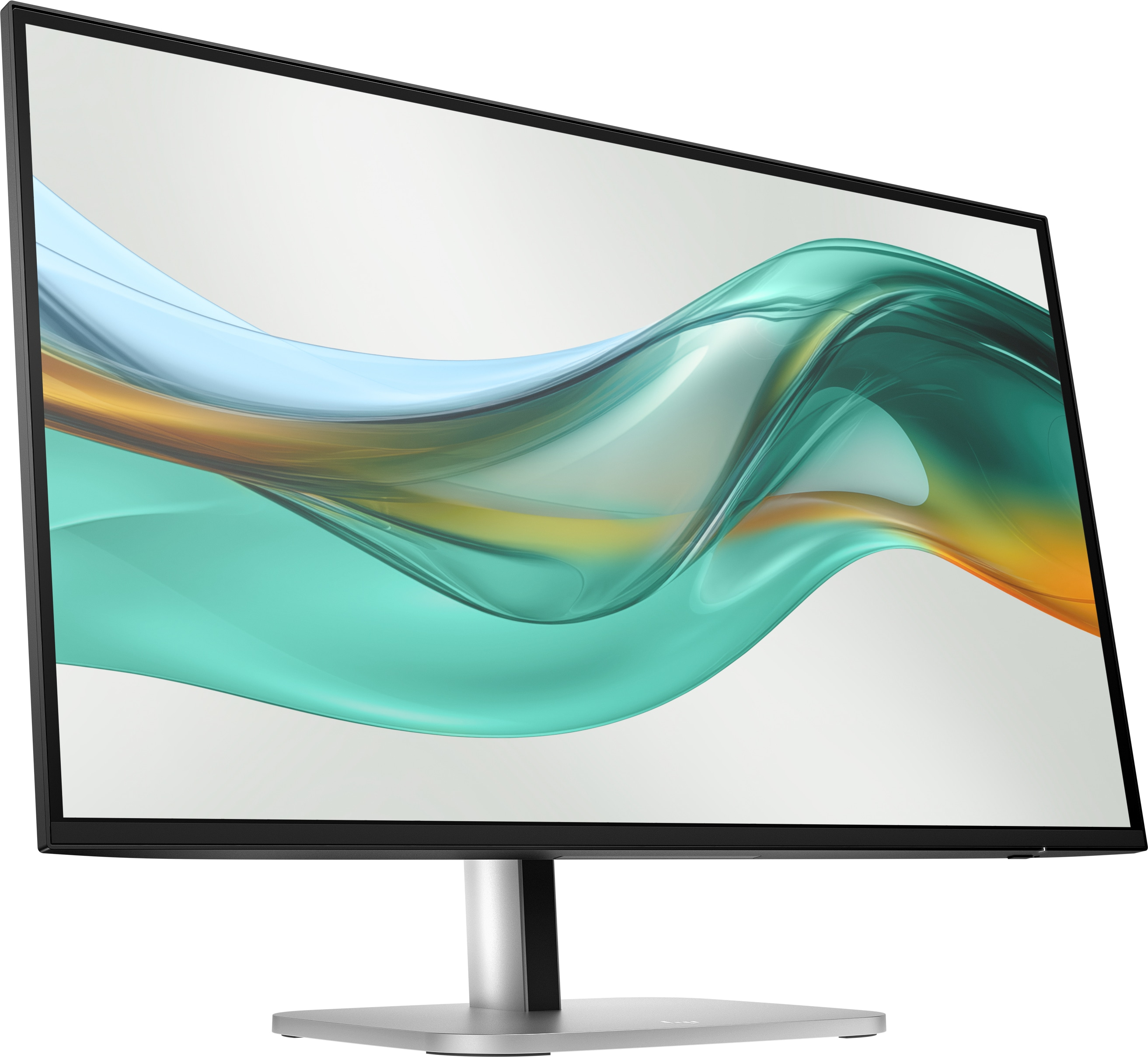 Monitor mit dünnem schwarzen Rahmen. Zeigt einen wellenförmigen, farbenfrohen, abstrakten Hintergrund.