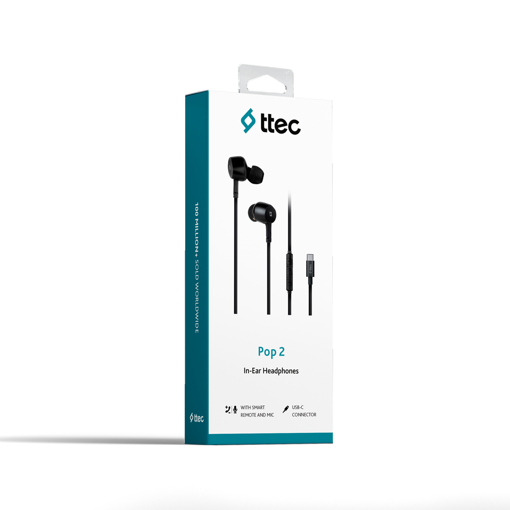 Siyah bir kulaklık seti ve USB-C konektörünün görülebildiği Pop 2 Kulak İçi Kulaklıklar için bir ürün kutusu.