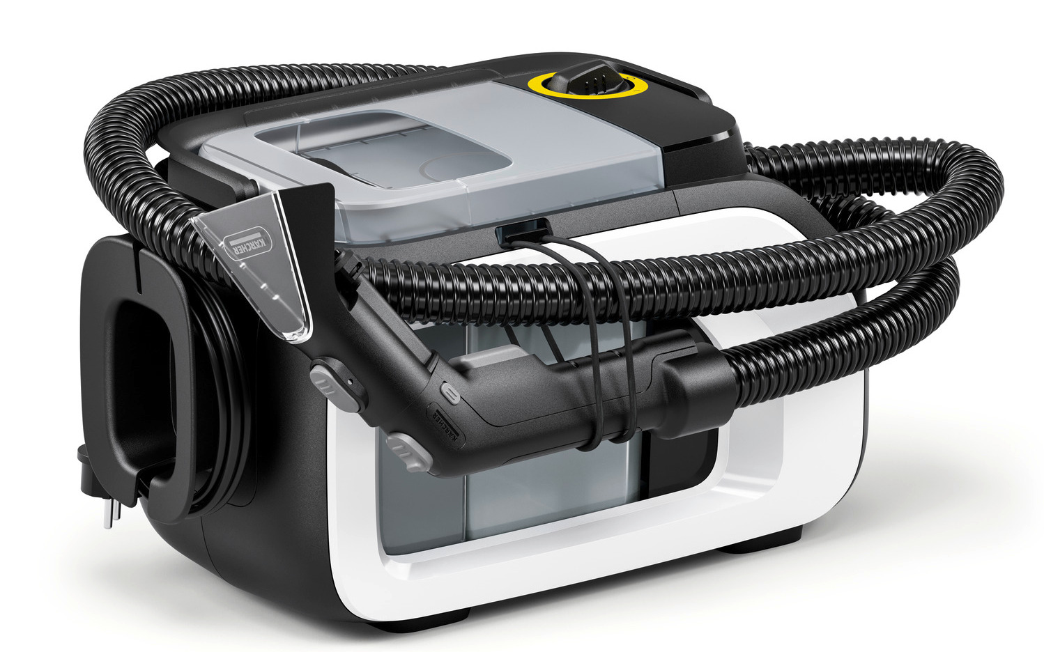 Odkurzacz Karcher w czarno-białym designie z elastycznym wężem.