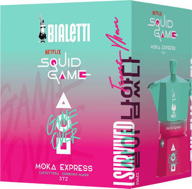 Eine Moka Express Box von Bialetti mit Squid Game-Thema.