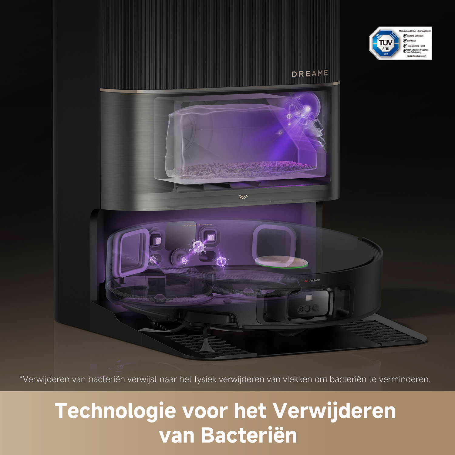 Robotstofzuiger-reinigingsstation, met transparante kamer.