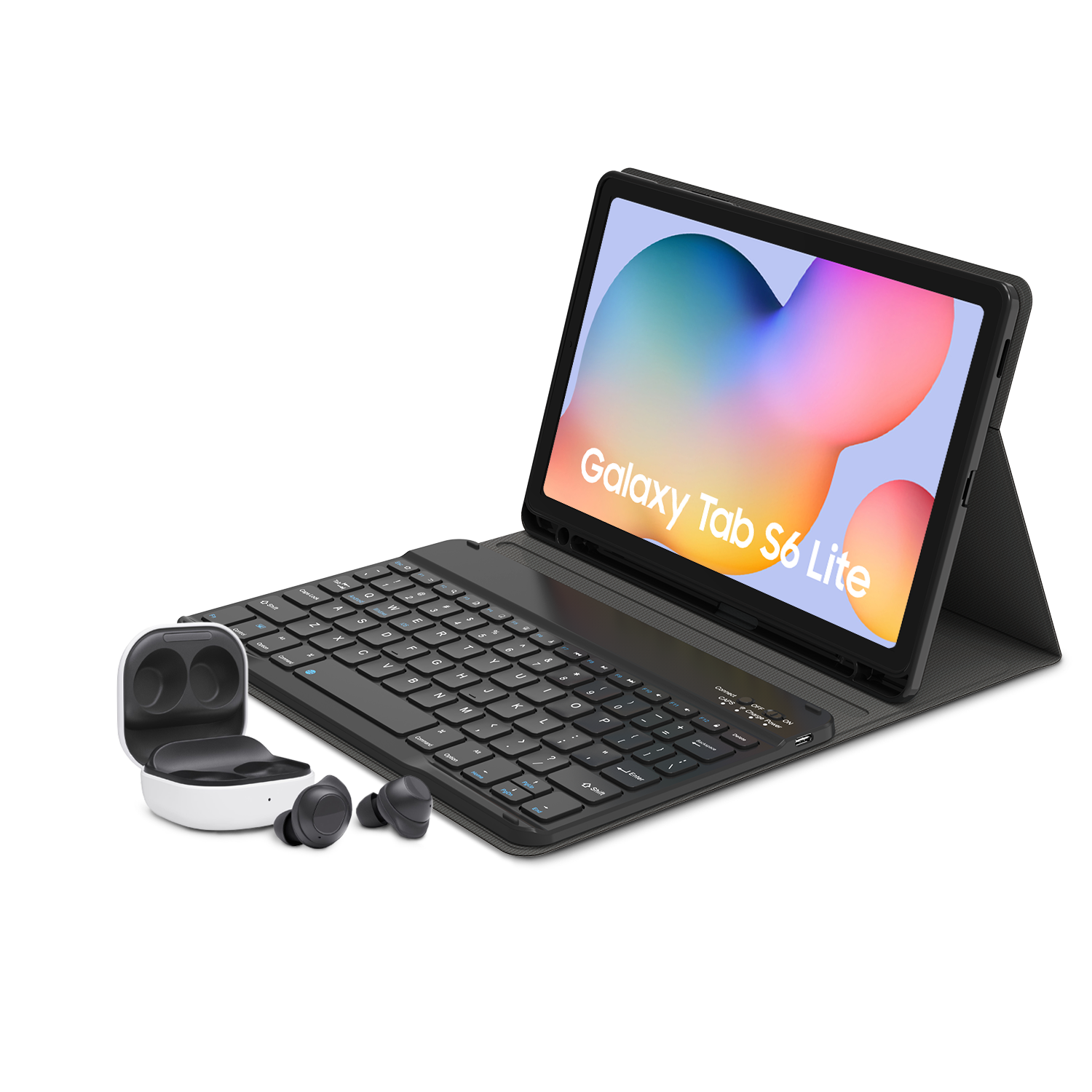 Een tablet met toetsenbord, oortelefoons en hoes op zwarte ondergrond.