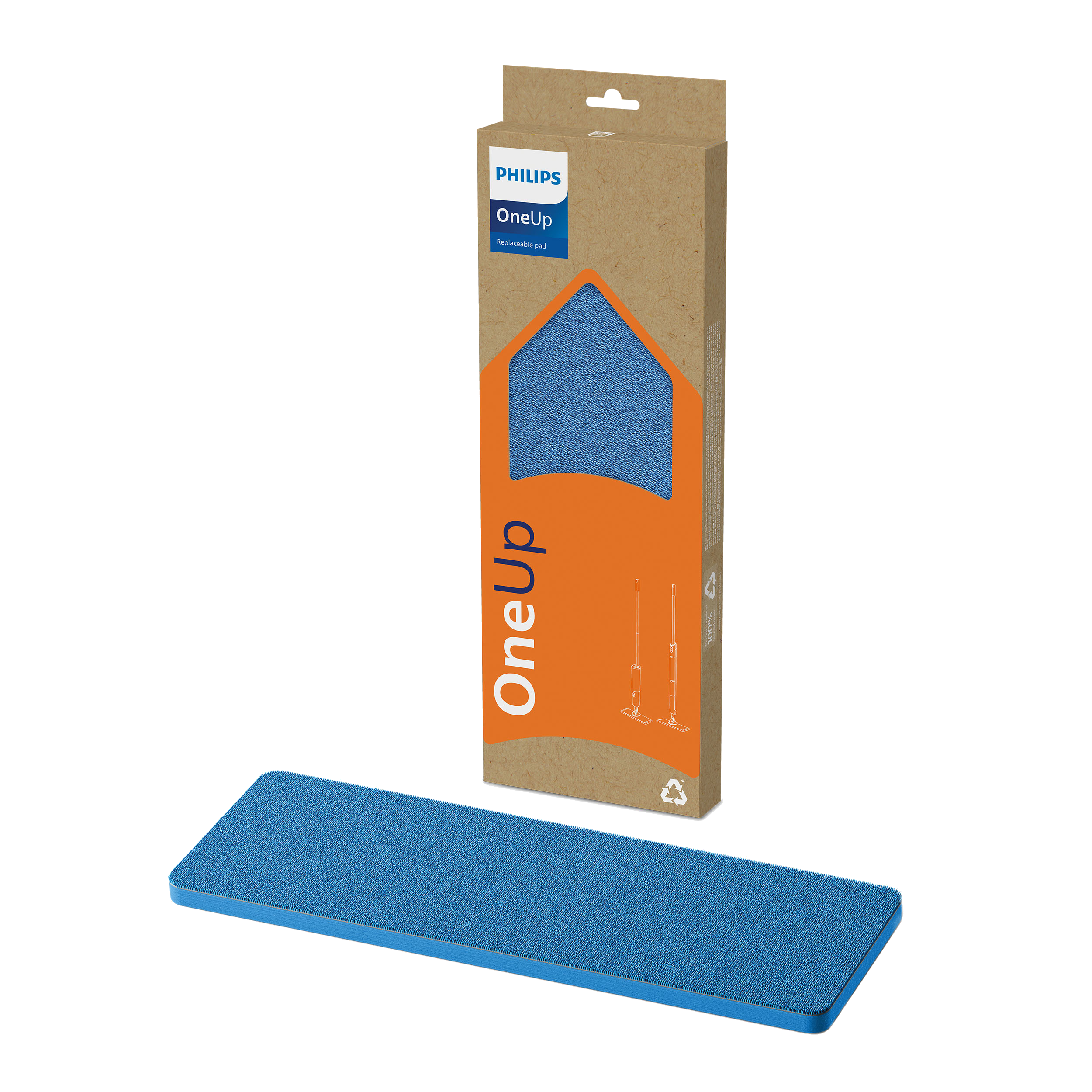 Ein blaues Wischtuchpad und eine braune Box mit dem Text 'OneUp' und einer blauen Pad-Illustration.