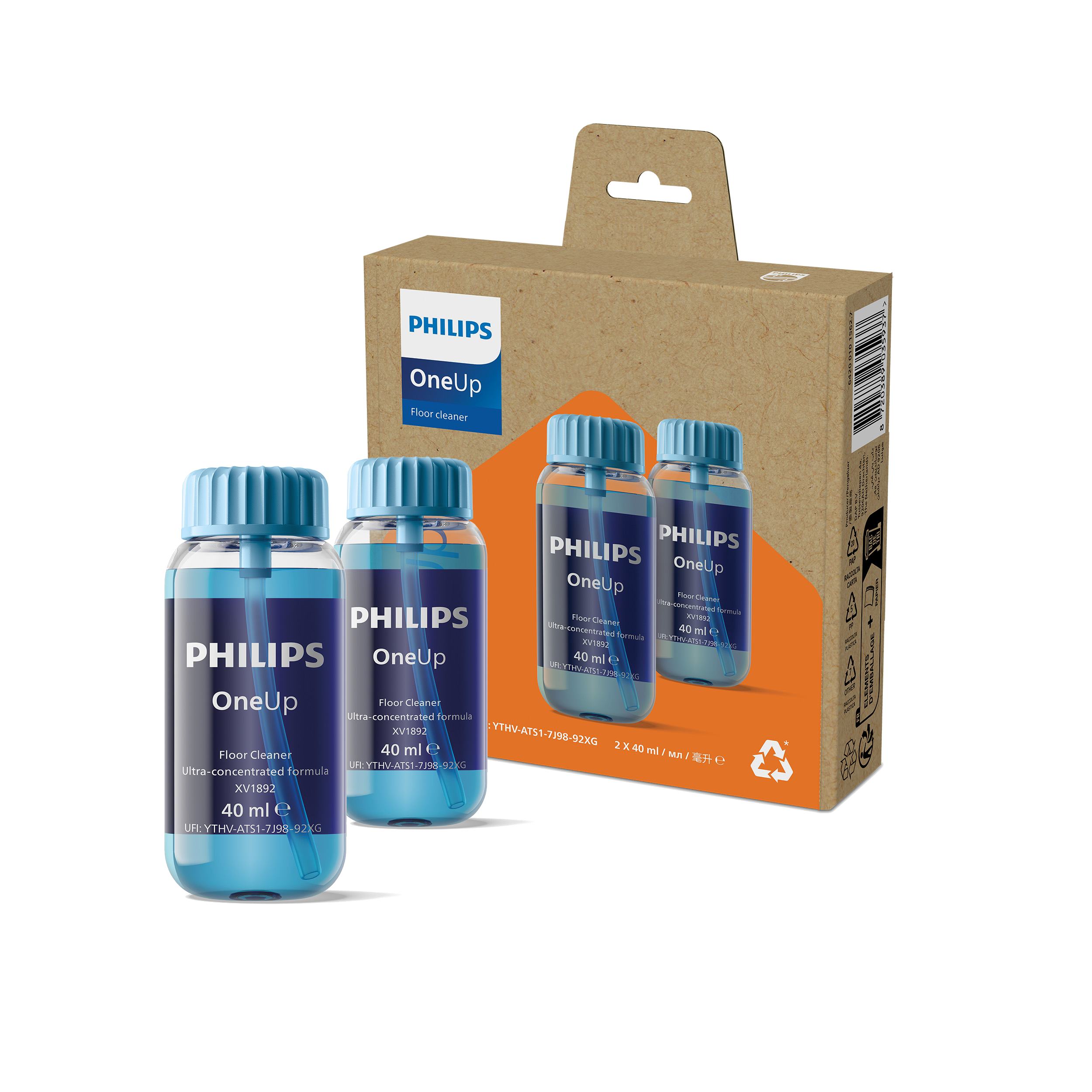 Zwei Flaschen Philips OneUp Bodenreiniger und eine Pappschachtel.