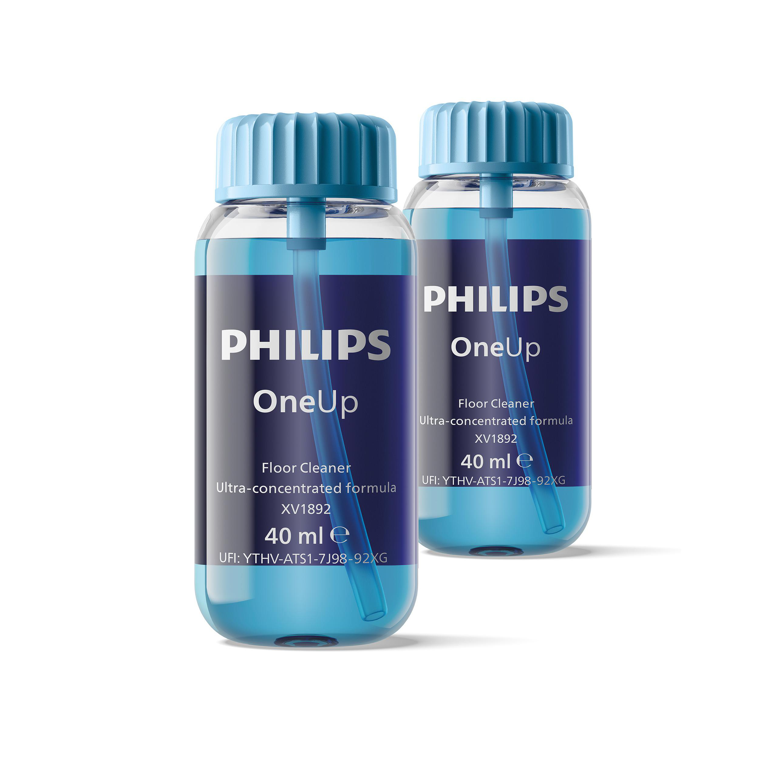 Zwei Flaschen Philips OneUp Bodenreiniger. Blaue Flüssigkeit, klare Flaschen, mit weißen Etiketten.