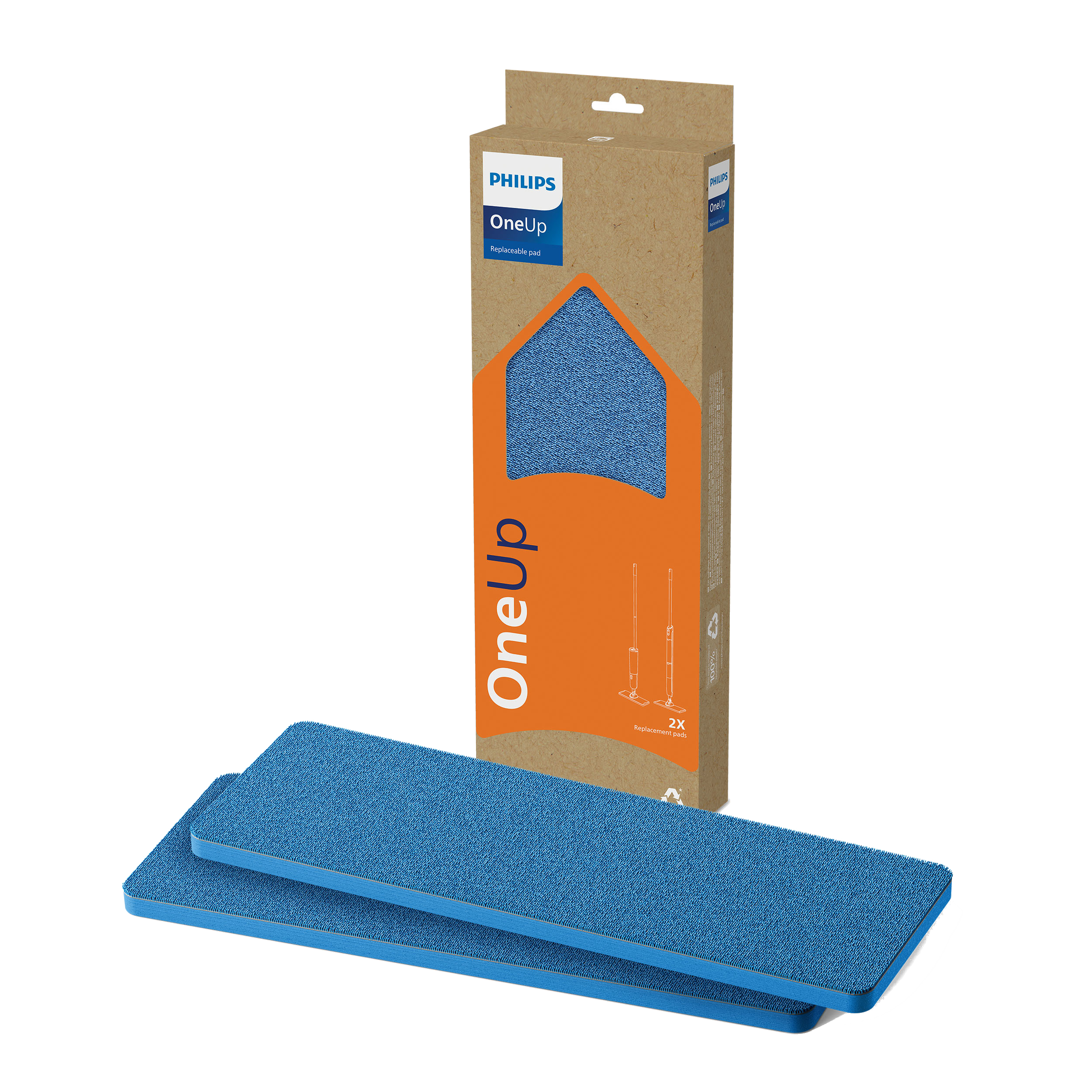 Blaue Wischmopp-Ersatzpads und ein Karton. Text: Philips OneUp.