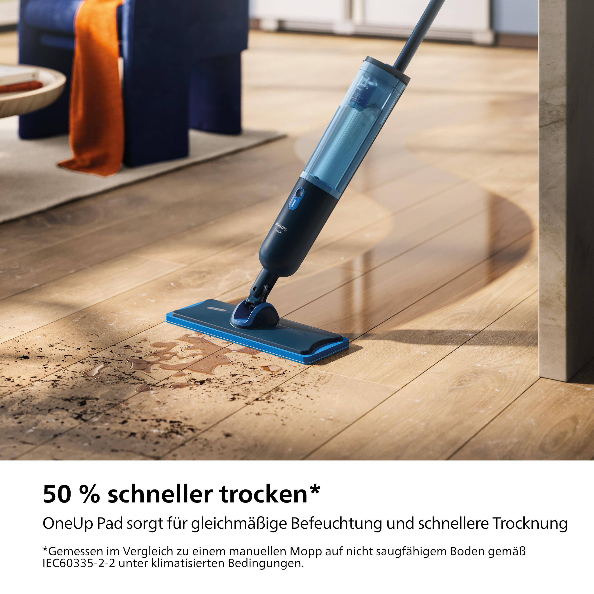 Mopp wischt Holzboden, Text besagt 50 % schnelleres Trocknen.