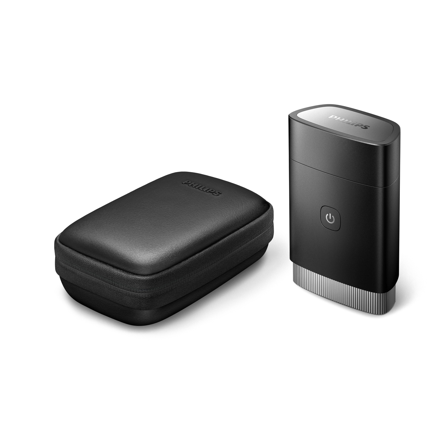 Black Philips shaver and a black case, both on a white surface. The shaver is turned off.
