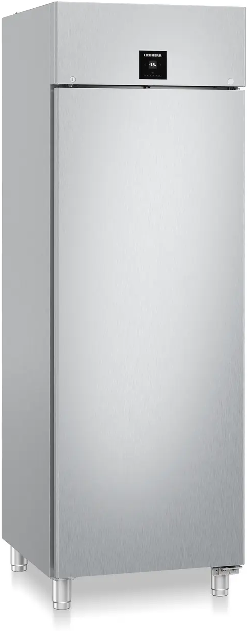 Edelstahlkühlschrank, der aufrecht steht. Die Tür hat einen LED-Bildschirm.