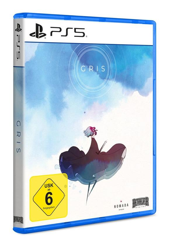 Gris-Spielbox-Art, Frauensilhouette unter bewölktem Himmel. Blaue PS5-Hülle.