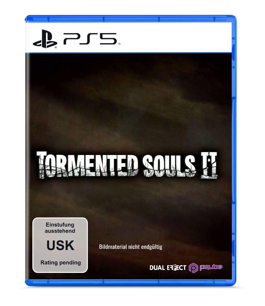 PS5-Spielecover. Der Titel 'Tormented Souls II' ist zentriert. USK-Rating wird angezeigt. Dunkler, verschwommener Hintergrund.