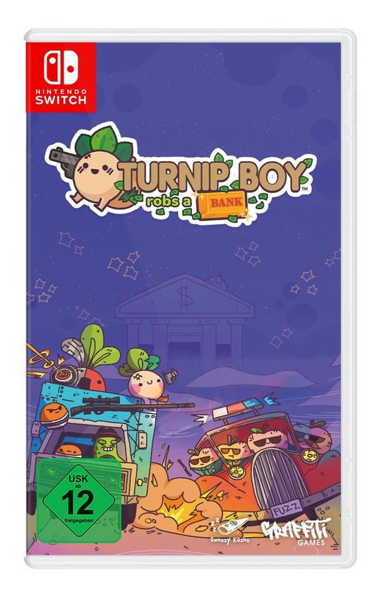 Turnip Boy Videospiel-Hülle, mit Cartoon-Kunst, die eine Rübe beim Bankraub zeigt.