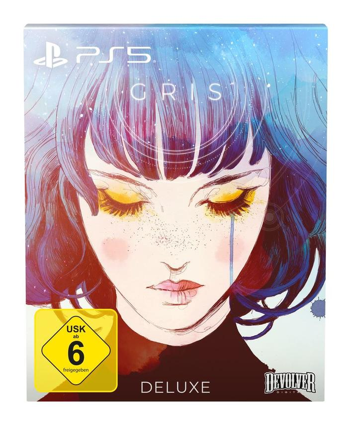 PS5-Spielcover, eine Frau mit blauen Haaren, gelbem Make-up und Tränen, Deluxe Edition.