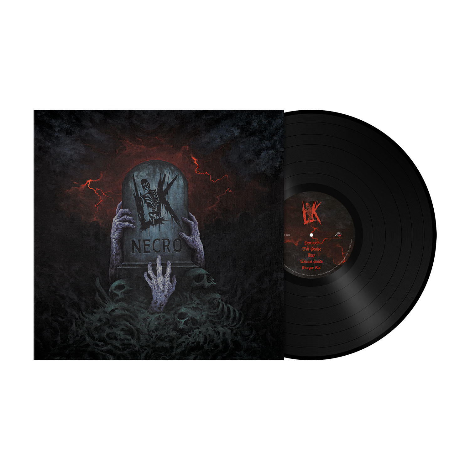 Schwarze Vinylplatte in einer Hülle mit Kunstwerk eines Skeletts und eines Grabsteins.