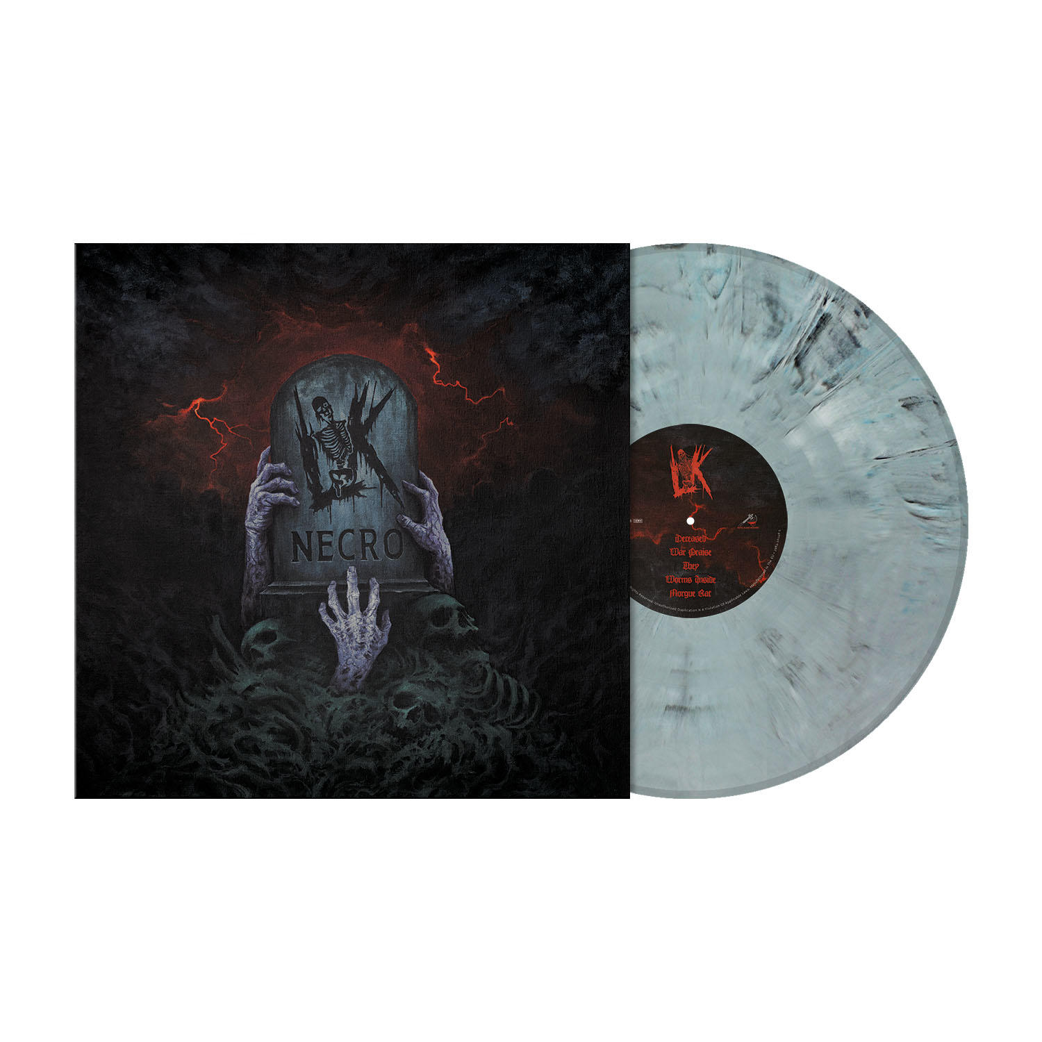 Vinylplatte mit Grabstein-Design. Der Grabstein trägt die Aufschrift 'NECRO'. Die Platte ist marmoriert.