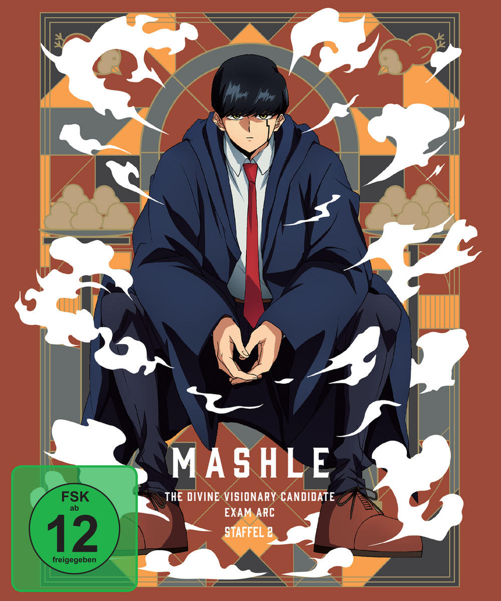 Anime-DVD-Cover: Mashle. Ein Mann in blauem Mantel und roter Krawatte. Brauner Hintergrund.