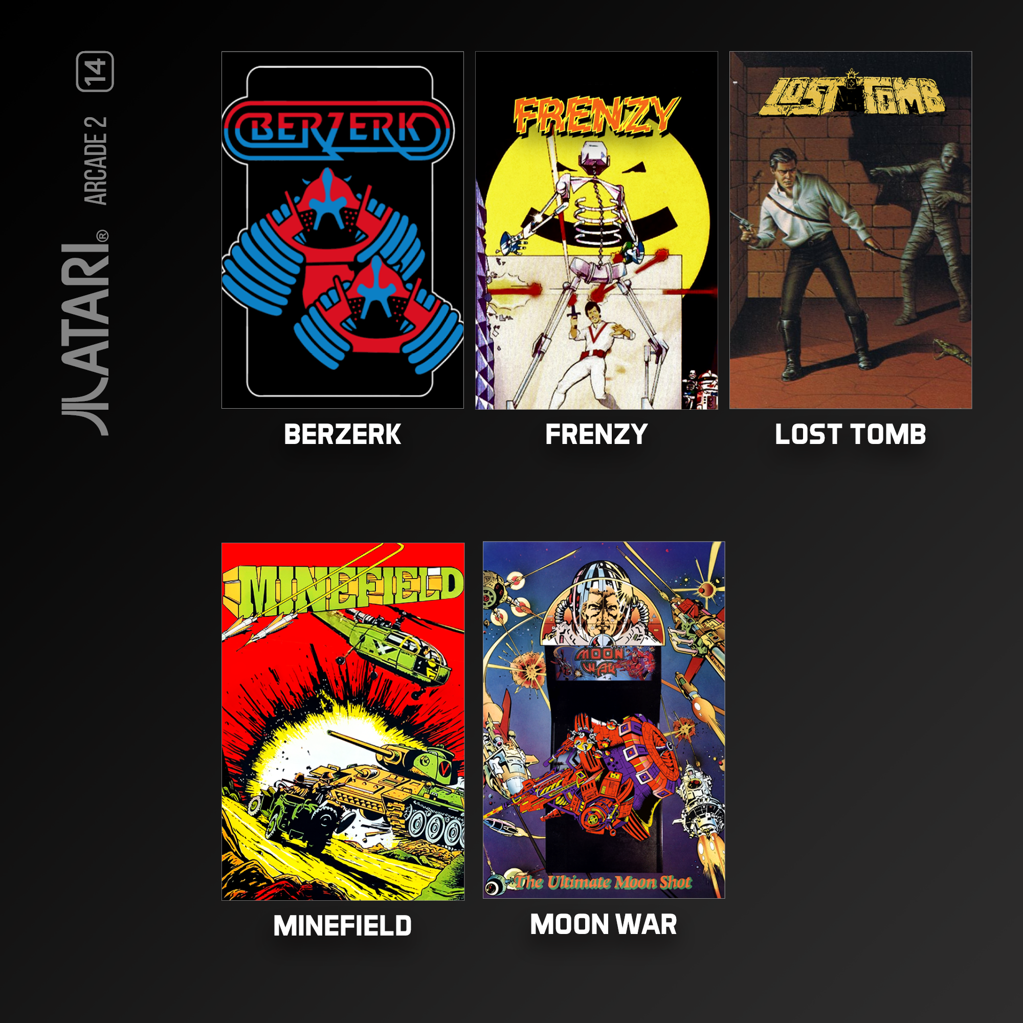 Sammlung von Arcade-Spiel-Covers, darunter Berzerk, Frenzy und Lost Tomb.