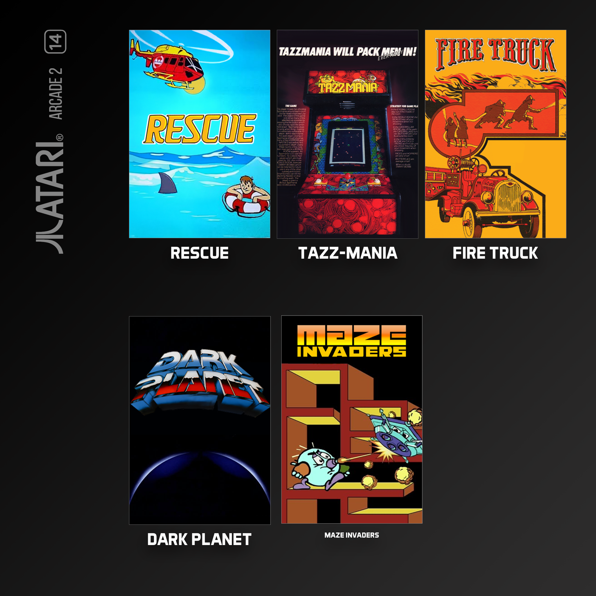Atari-Arcade-Spielposter: Rescue, Tazz-Mania, Fire Truck, Dark Planet und Maze Invaders.